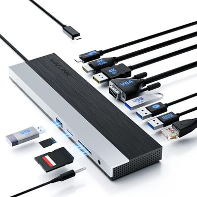 WAVLINK USB-C dockingstation 3 monitoren, dockingstation met HDMI, DP, VGA, 100W PD, USB 3.0 & 2.0, RJ45, SD/TF-Slots, Audio/Microfoon, voor Lenovo/HP/Dell etc. Grijs WAVLINK USB-C dockingstation 3 monitoren, dockingstation met HDMI, DP, VGA, 100W PD, USB 3.0 & 2.0, RJ45, SD/TF-Slots, Audio/Microfoon, voor Lenovo/HP/Dell etc. Grijs