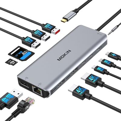 MOKiN USB C Docking Station 3 Monitoren USB C Hub Laptop Dual Monitor Multiport Adapter Dock Dongle, USB C naar 2 HDMI, DisplayPort, PD Opladen, Ethernet, 5 USB C/A-poorten, MicroSD/SD, Audio voor Dell/HP MOKiN USB C Docking Station 3 Monitoren USB C Hub Laptop Dual Monitor Multiport Adapter Dock Dongle, USB C naar 2 HDMI, DisplayPort, PD Opladen, Ethernet, 5 USB C/A-poorten, MicroSD/SD, Audio voor Dell/HP