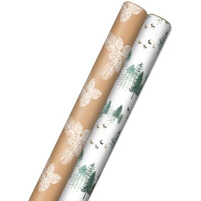 Hallmark Kraft recyclebaar kerstinpakpapier met gesneden lijnen (2 rollen: 150 vierkante voet Ttl) groene bomen op witte, witte dennenappels op bruin kraftpapier voor vakantie, Chanoeka, bruiloften, Hallmark Kraft recyclebaar kerstinpakpapier met gesneden lijnen (2 rollen: 150 vierkante voet Ttl) groene bomen op witte, witte dennenappels op bruin kraftpapier voor vakantie, Chanoeka, bruiloften,