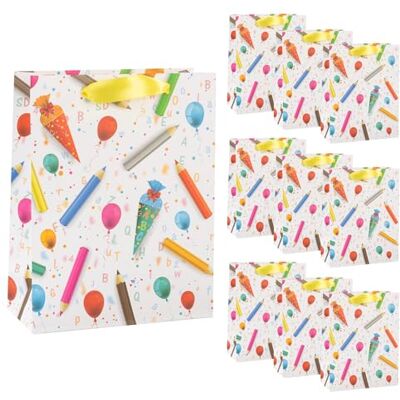 Idena 90541 Cadeauzakjes voor het begin van het schooljaar, 10 stuks, cadeauzakjes van 18 x 23 x 8 cm, kleurrijke papieren zakjes met schoolzakjesmotief Idena 90541 Cadeauzakjes voor het begin van het schooljaar, 10 stuks, cadeauzakjes van 18 x 23 x 8 cm, kleurrijke papieren zakjes met schoolzakjesmotief
