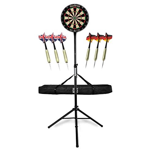 Stagecaptain DBS-1715 BullsEye Pro Dartbord standaard Dartbord set uit sisal met statief en tas Dart bord met roterende nummerring Dartboard met 6 stalen dartpijlen en 12 flights