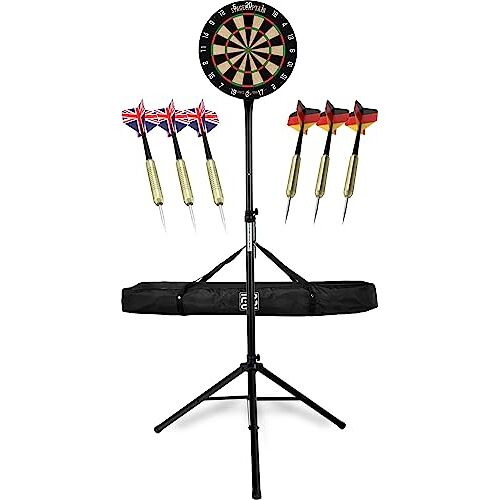 Stagecaptain DBS-1715C BullsEye Champion Dartbord standaard Dartbord set uit sisal met statief en tas Dart bord met roterende nummerring Dartboard met 6 stalen dartpijlen en 12 flights