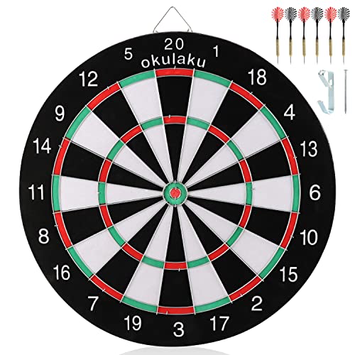 okulaku Dartset, hoogwaardig dartbord met 6 dartpijlen, stalen punt, klassieke dartpijlen, zelfherstellend, dubbelzijdig