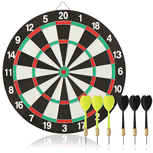 com-four ® 7-delige dartset, klassiek dartbord met 6 stalen darts (metaal) in 2 kleuren, dartbord en pijlen, achterkant is een doelwit (40,5 cm)