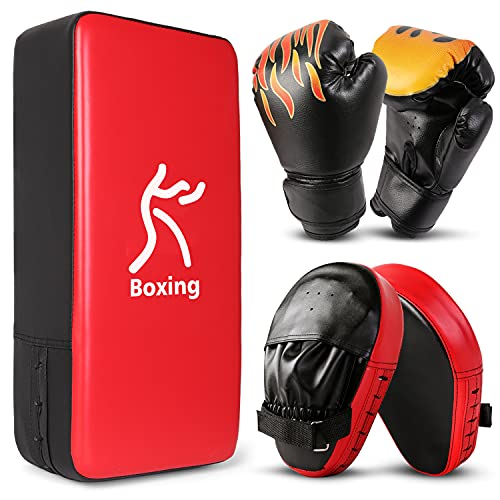 Odoland 3-in-1 bokshandschoenen Ponsen wanten Kick Pad Pack Set voor kinderen, Bokshandschoenen Focus Pads, Taekwondo Kick Pad, Kids Bokshandschoenen voor Boksen, Rood