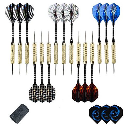 moonlux Dartpijlen Steel, 15 stuks dartpijlen set dartpijlen met metalen punt, steeldart pijlen brass darts, aluminium schachten, (slijpsteen voor metalen punt inbegrepen)