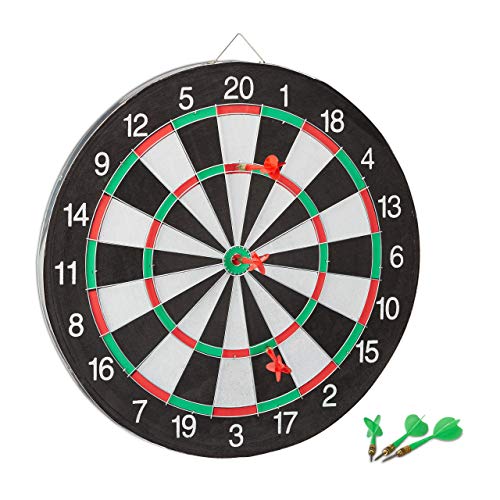 Relaxdays dartbord X1, 43 cm, tweezijdig speelbaar, klassiek, met 6 pijlen, voor thuis, steeldarts, zwart-wit