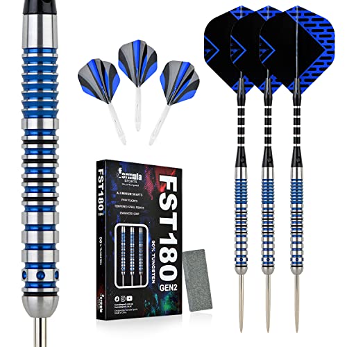 Formula Sports FST180 GEN2 Steeldartpijlen van 90% wolfraam, 21 g/22 g/23 g/24 g, stalen punt, dartpijlen met aluminium schachten + wolfraambarrels + dartslijper, dartpijlen van wolfraamstaal (21 g)