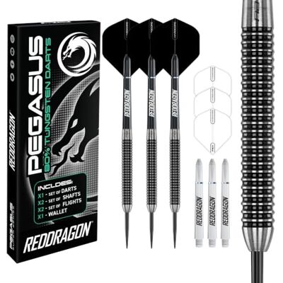 Dragon Pegasus Professionele Tungsten Steeltip Darts Set Verkrijgbaar in 21, 23, 24, 25, 26, 28, 30 Gram met Vluchten, Stengels (Schachten) en Portemonnee Dragon Pegasus Professionele Tungsten Steeltip Darts Set Verkrijgbaar in 21, 23, 24, 25, 26, 28, 30 Gram met Vluchten, Stengels (Schachten) en Portemonnee