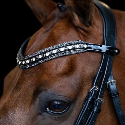 Imperial Riding IRH Maxima Hoofdband van leer met glazen strass-steentjes en stiftsluiting, wit-zwart, pony Imperial Riding IRH Maxima Hoofdband van leer met glazen strass-steentjes en stiftsluiting, wit-zwart, pony