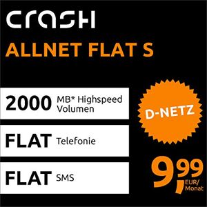 crash Allnet Flat S met 2 GB internet flat max. 21,6 MBit/s, telefonie en sms-flat in alle Duitse netwerken, EU-flat, 24 maanden looptijd, 9,99 EUR maandelijks crash Allnet Flat S met 2 GB internet flat max. 21,6 MBit/s, telefonie en sms-flat in alle Duitse netwerken, EU-flat, 24 maanden looptijd, 9,99 EUR maandelijks