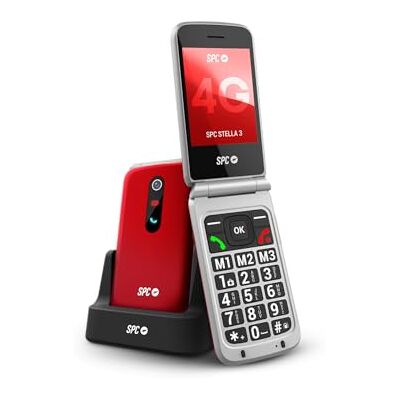 SPC Stella 3-4G mobiele telefoon voor senioren met klapcover, menu en grote toetsen, noodoproepknop, externe configuratie, compatibel met gehoorapparaten en 103 dB volume, laadstation en 3 directe SPC Stella 3-4G mobiele telefoon voor senioren met klapcover, menu en grote toetsen, noodoproepknop, externe configuratie, compatibel met gehoorapparaten en 103 dB volume, laadstation en 3 directe
