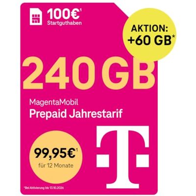 Deutsche Telekom Telekom MagentaMobil Prepaid jaarlijks tarief 156 GB (13 GB/maand) 5G/LTE Max & Allnet Flat in alle Duitse netwerken ongebruikt gegevensvolume verder gebruiken EU Roaming & Hotspot Flat 100 Deutsche Telekom Telekom MagentaMobil Prepaid jaarlijks tarief 156 GB (13 GB/maand) 5G/LTE Max & Allnet Flat in alle Duitse netwerken ongebruikt gegevensvolume verder gebruiken EU Roaming & Hotspot Flat 100