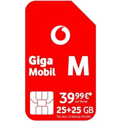 Vodafone Mobiel contract GigaMobil M, mobiel contract met 20% korting en nu 30 in plaats van 25 GB datavolume, 5G en 4G LTE-netwerk, telefoon- en sms-flat naar het Duitse netwerk Vodafone Mobiel contract GigaMobil M, mobiel contract met 20% korting en nu 30 in plaats van 25 GB datavolume, 5G en 4G LTE-netwerk, telefoon- en sms-flat naar het Duitse netwerk