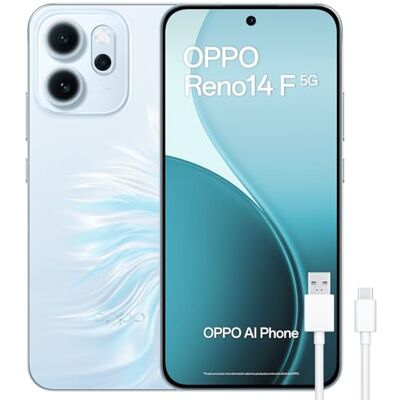 Oppo Reno14 F 5G Smartphone met IA, 8 GB RAM + 256 GB, drievoudige camera met 50 MP, batterij 6000 mAh, snel opladen 45 W, AMOLED-display 120 Hz, IP69, Dual-SIM, Android, Spaanse versie, opaal blauw Oppo Reno14 F 5G Smartphone met IA, 8 GB RAM + 256 GB, drievoudige camera met 50 MP, batterij 6000 mAh, snel opladen 45 W, AMOLED-display 120 Hz, IP69, Dual-SIM, Android, Spaanse versie, opaal blauw