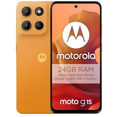 Motorola Moto G15, 24 GB (8 GB + 16 GB RAM Boost)/256 GB Orange, Spanje, 17,8 cm (6,72 inch) FHD+-display, 50 MP camerasysteem en ultragroothoeklens, 5100 mAh-accu, TurboPower-lading, zacht Motorola Moto G15, 24 GB (8 GB + 16 GB RAM Boost)/256 GB Orange, Spanje, 17,8 cm (6,72 inch) FHD+-display, 50 MP camerasysteem en ultragroothoeklens, 5100 mAh-accu, TurboPower-lading, zacht