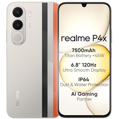 realme P4X Smartphone 4G, 4 GB + 256 GB, LCD-display 120 Hz 6,8 inch, 7500 mAh, snel opladen 45 W, omgekeerde lading 6 W, schokbestendig MIL-STD 810H, IP64, Next AI-systeem, rally wit (zonder oplader) realme P4X Smartphone 4G, 4 GB + 256 GB, LCD-display 120 Hz 6,8 inch, 7500 mAh, snel opladen 45 W, omgekeerde lading 6 W, schokbestendig MIL-STD 810H, IP64, Next AI-systeem, rally wit (zonder oplader)