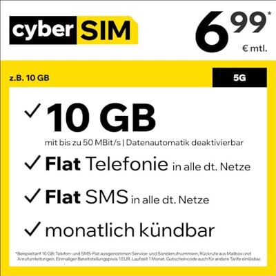 CyberSIM Telefoontarief bijv. Allnet Flat 10 GB – (Flat Internet 5G 10 GB, Flat Telefoon, Flat SMS en Flat EU buitenland, 6,99 euro/maand, maandelijks opzegbaar) of andere tarieven CyberSIM Telefoontarief bijv. Allnet Flat 10 GB – (Flat Internet 5G 10 GB, Flat Telefoon, Flat SMS en Flat EU buitenland, 6,99 euro/maand, maandelijks opzegbaar) of andere tarieven