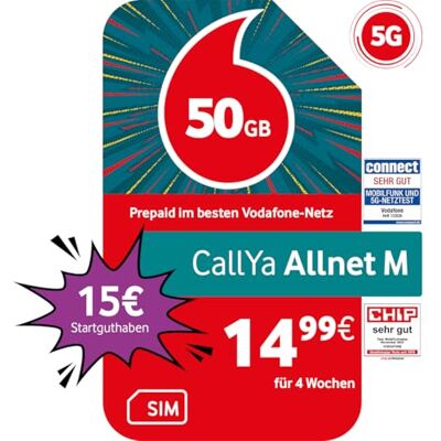Vodafone Prepaid CallYa M 50 GB 15 EUR starttegoed zonder contract 5G-netwerk Telefoon- SMS-Flat EU Roaming Vodafone Prepaid CallYa M 50 GB 15 EUR starttegoed zonder contract 5G-netwerk Telefoon- SMS-Flat EU Roaming