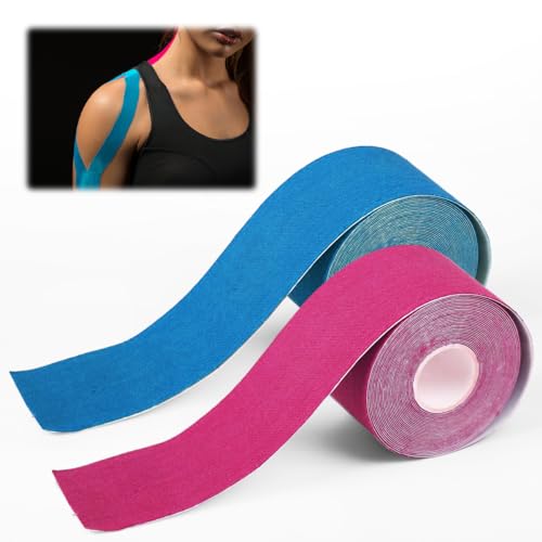 WHC 2 Rollen Elastische Kinesiologie Tape, 5cmx5m Waterdichte Kinesiologie Tape, Sport Tape Blauw Roze, Huidvriendelijke Kinesio Tape, Fysiotape voor Sport, Kinesiologie Tape voor Knie, Schouder,