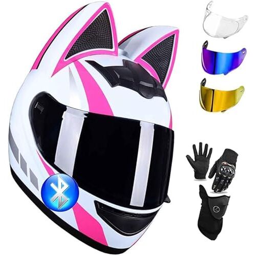 GZEZHA Dames Volledig Gezicht Kat Oren Motorhelmen DOT Goedgekeurde Bluetooth Motorhelm Opklapbare Vizieren Motorcross Helm Voor Volwassenen Volledige Gezicht Straat Motorhelm E,M=54~56cm