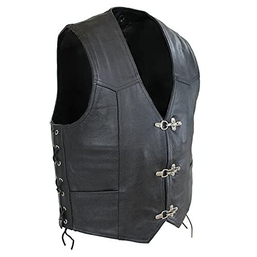 EURO STARS Leren vest voor heren, biker, leren jas met gespen, biker lederen vest, zwart, rundleren vest, clubvest, biker lederen jas, jas, zwart, XXL