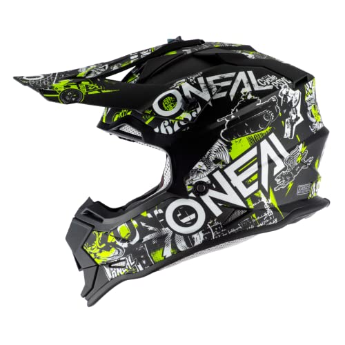 O'NEAL Motocross Helm   Kinderen   MX Enduro   ABS Shell, Veiligheidsnorm ECE 22.05, Ventilatiegaten voor optimale ventilatie & koeling   2SRS Helm Attack Jeugd   Zwart Neon Geel   Maat L