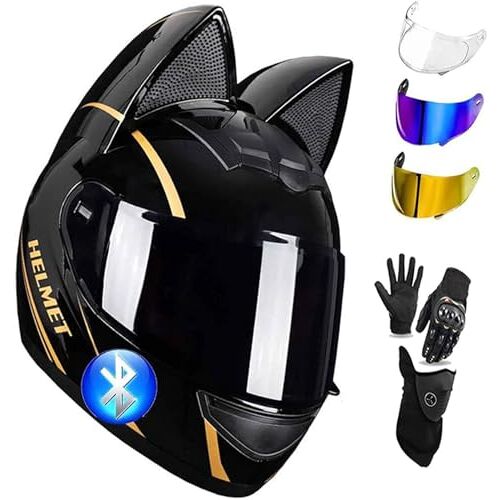 GZEZHA Dames Volledig Gezicht Kat Oren Motorhelmen DOT Goedgekeurde Bluetooth Motorhelm Opklapbare Vizieren Motorcross Helm Voor Volwassenen Volledige Gezicht Straat Motorhelm D,M=54~56cm