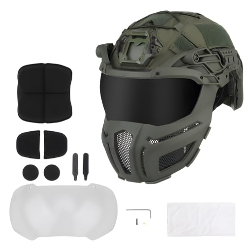 KEZONO SNELLE Volgelaatsmasker Helm Paintball Airsoft Schietspel Volledig Gelaatsscherm Snelle PC-helm Met Bril Outdoor Jacht CS War Games (Color : Green)