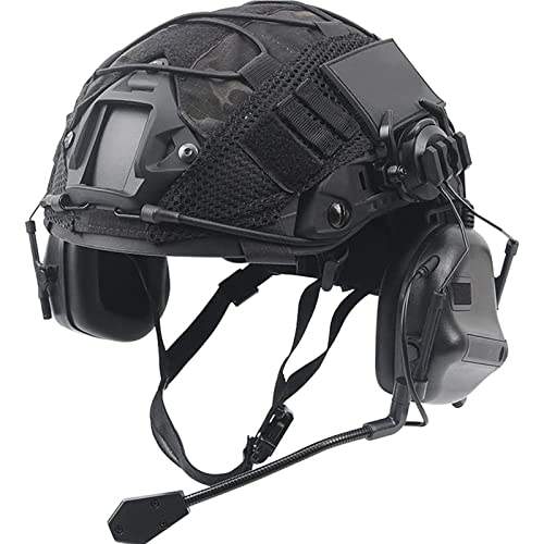 JJZHY Airsoft Fast Helm Set met Tactical Headset Helm en Helm Cover voor Airsoft Paintball Outdoor Jacht Paintball Schieten(Size:Eén maat,Color:Zwart)