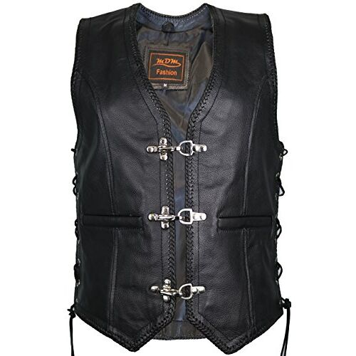 MDM Leren damesvest, bikervest, motorlederen vest, clubvest, choppervest, rocker-vest, vest, lederen waistcoat, zwart, M tall