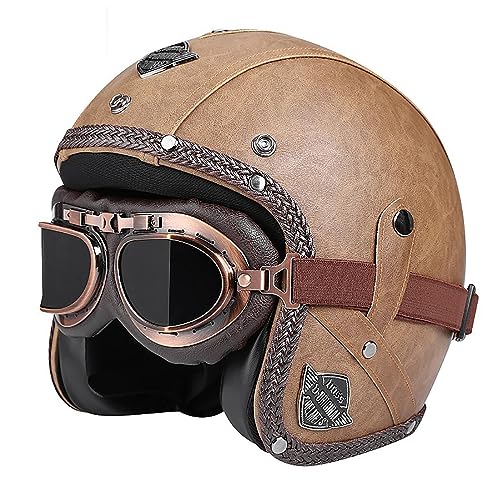 EBAYIN Motorhelm, Halve Helmen Open helmen Jethelm Retro 3/4 Leren Helm Vintage Halve Helm Unisex Vier Seizoenen Helm DOT ECE Goedgekeurde Cruiser Chopper Scooter Bromfietshelm,K-L=(59~60cm)