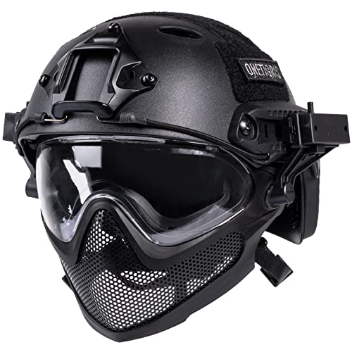 OneTigris Tactische helm met stalen masker en veiligheidsbril, all-in-one geïntegreerde snelle helm voor softair, paintball, airsoft   EN166:B conform   maat L   maat L (zwart)