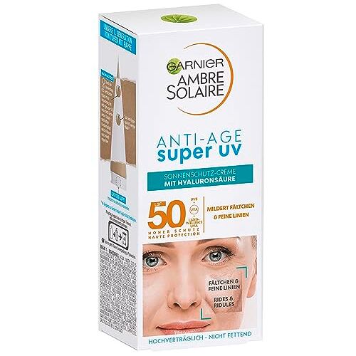 Garnier Anti-aging zonnecrème met SPF 50, zonnecrème met hyaluronzuur en vitamine B tegen rimpels en droogheid, ambre solaire, 1 x 50 ml