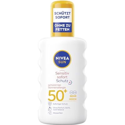 Nivea Sun Sensitiv Zonnespray met SPF 50+, zonnebrandcrème met SPF 50+ voor de gevoelige huid, watervaste en geurvrije zonwering bij zonallergie (200 ml) Nivea Sun Sensitiv Zonnespray met SPF 50+, zonnebrandcrème met SPF 50+ voor de gevoelige huid, watervaste en geurvrije zonwering bij zonallergie (200 ml)