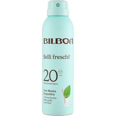 Bilboa , Belli Freschi Zonnebrandspray, SPF 20, geur van watermunt, onmiddellijke frisheid, lichte en transparante textuur, waterbestendig, 150 ml Bilboa , Belli Freschi Zonnebrandspray, SPF 20, geur van watermunt, onmiddellijke frisheid, lichte en transparante textuur, waterbestendig, 150 ml