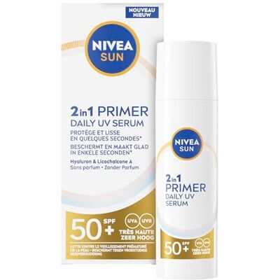 Nivea Sun UV Face 2-in-1 Primer Makeup Serum – Zonnebrand Gezicht SPF 50+ Gezichtsserum met Hyaluronzuur Zonder Parfum – 30ml Nivea Sun UV Face 2-in-1 Primer Makeup Serum – Zonnebrand Gezicht SPF 50+ Gezichtsserum met Hyaluronzuur Zonder Parfum – 30ml