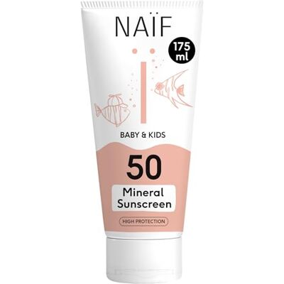 Naïf zonnebrandcrème op minerale basis- voor baby's en kinderen- SPF 50- UVA- en UVB-bescherming- waterbestendig- dermatologisch getest- zonder microplastics- 175ML Naïf zonnebrandcrème op minerale basis- voor baby's en kinderen- SPF 50- UVA- en UVB-bescherming- waterbestendig- dermatologisch getest- zonder microplastics- 175ML
