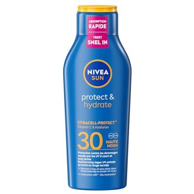 NIVEA SUN Protect & Hydrate Zonnemelk SPF30 Zonnecrème Beschermt en hydrateert Zonbescherming Zonnebrandcrème Met vitamine C, E en Hyaluron 400ml NIVEA SUN Protect & Hydrate Zonnemelk SPF30 Zonnecrème Beschermt en hydrateert Zonbescherming Zonnebrandcrème Met vitamine C, E en Hyaluron 400ml
