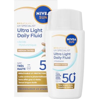 Nivea Sun UV Face Light Daily Fluid Zonnebrand Zonnebrand Gezicht SPF50+ Medium Tinted Zonnebrandcrème 40ML Nivea Sun UV Face Light Daily Fluid Zonnebrand Zonnebrand Gezicht SPF50+ Medium Tinted Zonnebrandcrème 40ML