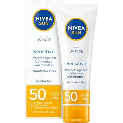Nivea Sun Sensitive Gezichtscrème SPF50 - Voedende crème voor gevoelige huid - Zonnebescherming Nivea Sun Sensitive Gezichtscrème SPF50 - Voedende crème voor gevoelige huid - Zonnebescherming