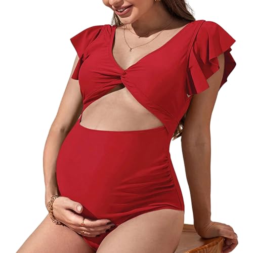 Miaelle Zwangerschapszwempak Een Stuk Elegante V-hals Zwangerschap Badmode Ruches Twist Front Strik Badpak Monokini Geschenken Zwangerschap Badmode