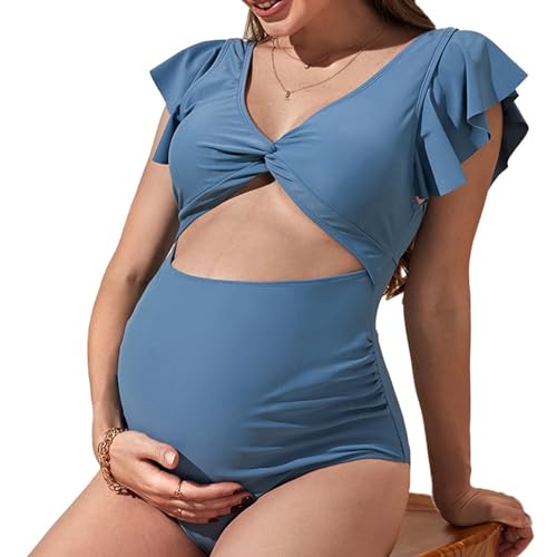 Miaelle Zwangerschapszwempak Een Stuk Elegante V-hals Zwangerschap Badmode Ruches Twist Front Strik Badpak Monokini Geschenken Zwangerschap Badmode