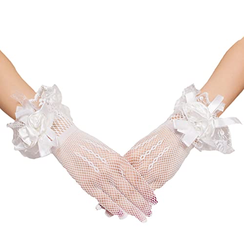 Ekakashop Dames kanten handschoenen, vintage visnet handschoenen vrouwen elegante kanten wanten bloemen bruid handschoenen bruiloft mesh handschoenen party avondhandschoenen voor bruiloft jurk, wit