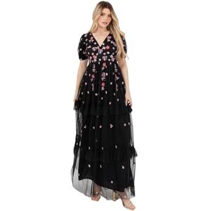 Maya Deluxe Maxi-jurk voor dames, V-hals, korte pofmouwen, bloemenborduurwerk, gelaagde ruffle, tule, A-lijn, sleutelgat, rug, evenement, Zwart, 36 NL Maya Deluxe Maxi-jurk voor dames, V-hals, korte pofmouwen, bloemenborduurwerk, gelaagde ruffle, tule, A-lijn, sleutelgat, rug, evenement, Zwart, 36 NL
