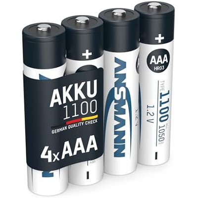 Ansmann Accu AAA 1.100 mAh (min. 1.050 mAh) NiMH 1,2 V (4 stuks) oplaadbare potloodbatterijen AAA, hoge capaciteit voor een hoog stroomverbruik Ansmann Accu AAA 1.100 mAh (min. 1.050 mAh) NiMH 1,2 V (4 stuks) oplaadbare potloodbatterijen AAA, hoge capaciteit voor een hoog stroomverbruik