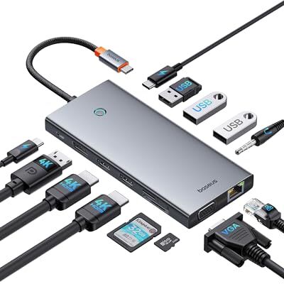 Baseus 【Chip-geoptimaliseerd】 USB C-dockingstation 3 monitoren, 13-in-1 USB C-hub met 2 HDMI 4K @60Hz, DisplayPort 4K @60Hz, VGA, USB 3.1 10 Gbps, PD 100W en Ethernet voor Dell/HP/Lenovo/Surface Laptop Baseus 【Chip-geoptimaliseerd】 USB C-dockingstation 3 monitoren, 13-in-1 USB C-hub met 2 HDMI 4K @60Hz, DisplayPort 4K @60Hz, VGA, USB 3.1 10 Gbps, PD 100W en Ethernet voor Dell/HP/Lenovo/Surface Laptop