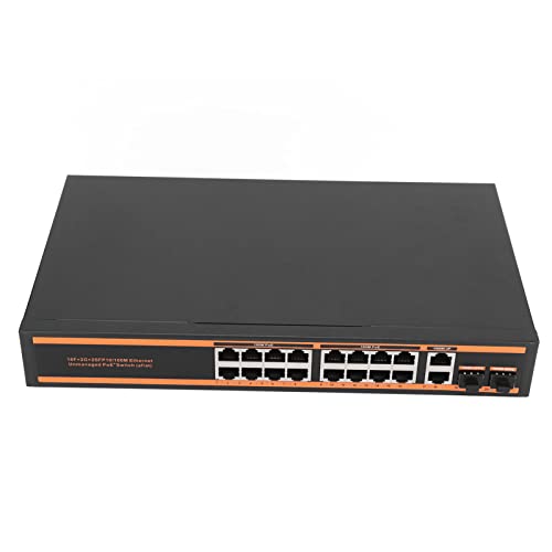 GOWENIC Gigabit PoE-switch, 20-poorts 100M 1000M Netwerkswitch met 16 PoE-poorten 2 Uplink-poorten en 2 SFP-poorten, Plug-and-play, voor Router NVR-verbindingen, IP-camera's