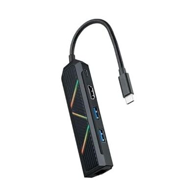 Watio Wave USB-C hub met 5 USB 3.0-poorten, RGB-verlichting, compact ontwerp en duurzame materialen voor een efficiënte verbinding Watio Wave USB-C hub met 5 USB 3.0-poorten, RGB-verlichting, compact ontwerp en duurzame materialen voor een efficiënte verbinding