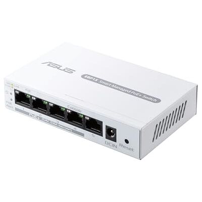 Asus ExpertWiFi EBP15 PoE+ Smart Managed Switch met 5 GbE-poorten, 4 PoE+, 60 Watt, ondersteuning QoS, IGMP, wandmontage, wit Asus ExpertWiFi EBP15 PoE+ Smart Managed Switch met 5 GbE-poorten, 4 PoE+, 60 Watt, ondersteuning QoS, IGMP, wandmontage, wit